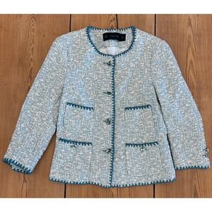 Zara Basic Blue White Textured Tweed Blazer Jacket Cropped‎ Collarless XS